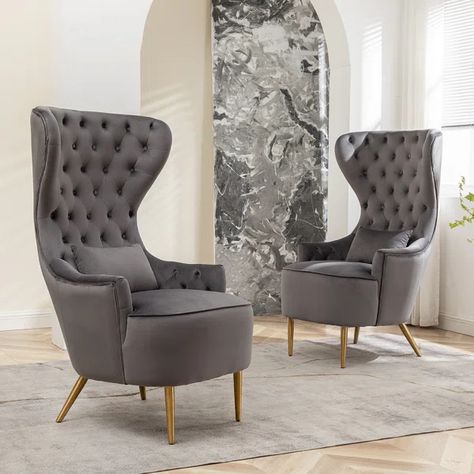 Bayah 2 - Pieces Upholstered Tufted Velvet High Wingback Chair Velvet Wingback Chair, Wingback Accent Chair, Tufted Furniture, Chair Wood, Tufted Cushion, High Back Chairs, Barrel Chair, Cool Chairs, Everly Quinn