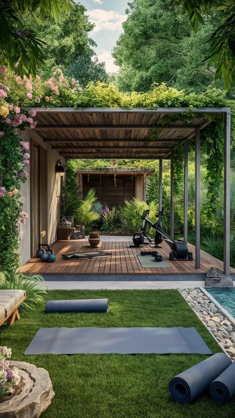 Yoga Garden Space Backyard, Garden Yoga Space, Yoga Platform Outdoor, Outdoor Gym Ideas Backyards, Home Gym Interior Design Ideas, Backyard Yoga Space, Yoga Garden Space, Home Outdoor Gym, Outdoor Yoga Platform