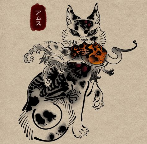 𓅋 Japanese inspired cat. This design is not available. Bookings and enquiries: 📨amsthatcher@gmail.com ••• #japanesetattoo #waboritattoo #wabori #irezumi #sumiink #flashtattoo #skulltattoo #cattattoo #rattattoo #japaneseart #londontattooartist #surreytattooartist Japanese Cat Painting, Traditional Japanese Cat Tattoo, Japanese Cat Tattoo Design, Irezumi Tattoos Design, Japan Cat Tattoo, Japanese Rabbit Tattoo, Japanese Animal Tattoo, Japanese Fox Tattoo, Japanese Wolf Tattoo