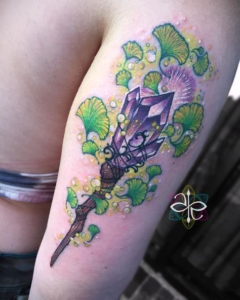 Crystal Wand Tattoo, Tattoo Ideas Color, Fantasy Tattoo Ideas, Boho Tattoo, Fantasy Tattoo, Colorado Tattoo, Charm Tattoo, Wand Tattoo, Mushroom Color