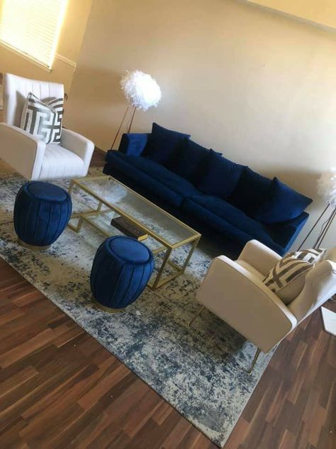 Royal Blue And Black Living Room, Black And Navy Blue Living Room, Royal Blue Living Room Color Scheme, Royal Blue Sofa Living Room Ideas, Navy Blue And Cream Living Room, Royal Blue Couch Living Room Ideas, Blue Velvet Couch Living Room Ideas, Navy Blue Couch Living Room Decor, Royal Blue Living Room Decor