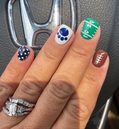 Blue Football Nails, Penn State Nails, Game Day Nails, Nfl Nails, Football Nail Designs, Spirit Nails, Football Nails, Line Nail Art, Lines On Nails