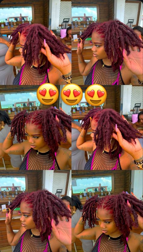 Pink Roots Black Hair Locs, Loc Peekaboo Color, Flexi Rods On Natural Hair Black Women, Short Hair Loc Styles For Women, Insta Locs Natural Hair, Dyed Locs Dark Skin, Locs Progress, Female Loc Styles Black Women, Magenta Locs