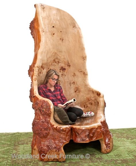 Carved Log Tree Chair Available at Woodland Creek Boom Bank, Cabin Chair, Log Chairs, Tree Chair, Tre Kunst, Tree Furniture, Tree Carving, Log Furniture, Wood Creations