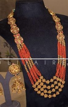 Red Coral Jewellery Indian Gold, Red Coral Necklace Indian Gold, Poosala Haram, Pagadala Mala, Coral Mala, Antique Necklace Gold, Nana Jewelry, Coral Jewellery, Red Coral Jewellery