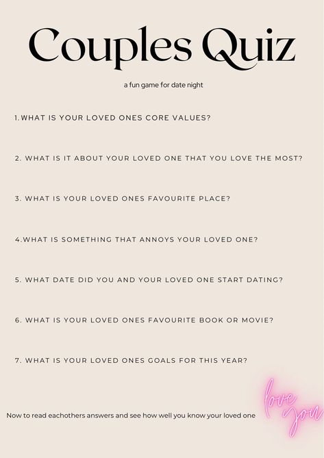 https://shellprintsdesigns.etsy.com/listing/1655902330 Get this quiz at the link above! Perfect date night questions to see how well you know your loved ones ❤️ Do You Know Me Quiz, How Well Do You Know Me Questions Couple, How Well Do You Know Me, Date Night Questions, Couples Quiz, Do You Know Me, Love Now, Couple Games, Perfect Date