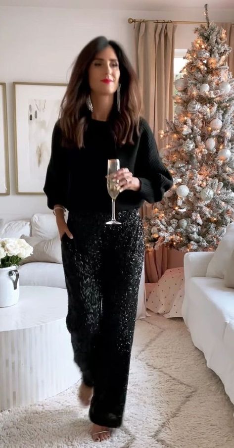 Company Christmas Party Outfits: How to Shine at Your Office Celebration — No Time For Style Winter New Years Eve Outfit Cold, New Years Work Outfit, Modest Holiday Party Outfit, Black Sequin Trousers, New Years Eve Dress Outfits, New Years Eve Outfits House Party, Sylwester Outfit New Years, Christmas Party Outfit 2023, New Years House Party Outfit