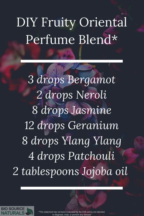 Create an exotic scent, perfect for date night! This essential oil perfume blend combines Patchouli, from the “earthy” category, with a strong “floral” presence that comes from Neroli, Jasmine, Geranium, and Ylang Ylang.   Tip:  Use a mini funnel to mix this recipe in a roller bottle. Seal the bottle and shake gently, but thoroughly. Carry in your purse or pocket to renew the scent, wherever you are.  #aromatherapy #essentialoils #diy Natural Perfume Recipes, Essential Oil Perfume Recipes, Essential Oil Perfume Blends, Essential Oil Perfumes Recipes, Homemade Perfume, Essential Oil Combinations, Essential Oil Diffuser Blends Recipes, Perfume Recipes, Essential Oils Guide