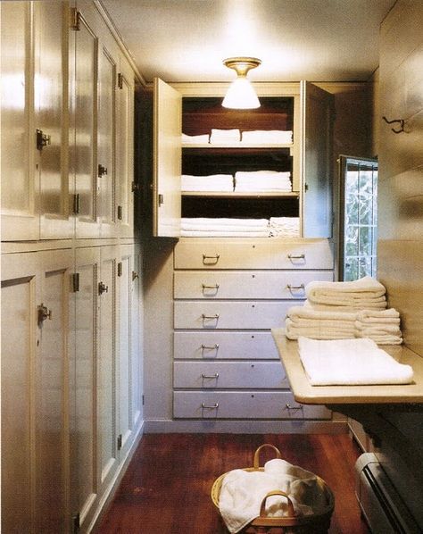 linen closet // skylands // martha stewart's home Gift Wrapping Room, Wrapping Room, Big Glass Jars, Linen Room, Turkey Hill, Martha Stewart Home, Narrow Shelves, Upstairs Hallway, Martha Stewart Living