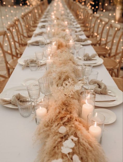 Pampas Table Runner Wedding, Boho Wedding Long Table Decor, Maroon Boho Wedding Decor, Boho Long Table Decor, Small Dinner Wedding Ideas, Bridal Shower Beige Theme, Pampas Tablescape, Wedding Crystal Decor, Light And Airy Wedding Decor