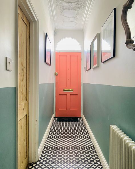 A little colour can make a big statement! 🎨 This pink-painted door against the blue and white walls gives the entrance hall a fresh and fun vibe, while the Victorian cornice and tiled floor keep it rooted in tradition. A perfect blend of old and new! #EntranceGoals #BoldInteriors #PinkDoor #VictorianCharm #HallwayInspo #ColourPop #PeriodFeatures #InteriorDesign #ModernClassic #HomeEntrance Pink And Blue Hallway, Colourful Victorian House, Colourful Corridor, Blue And White Walls, Victorian Cornice, Blue Hallway, Tiled Floor, Painted Door, Pink Door