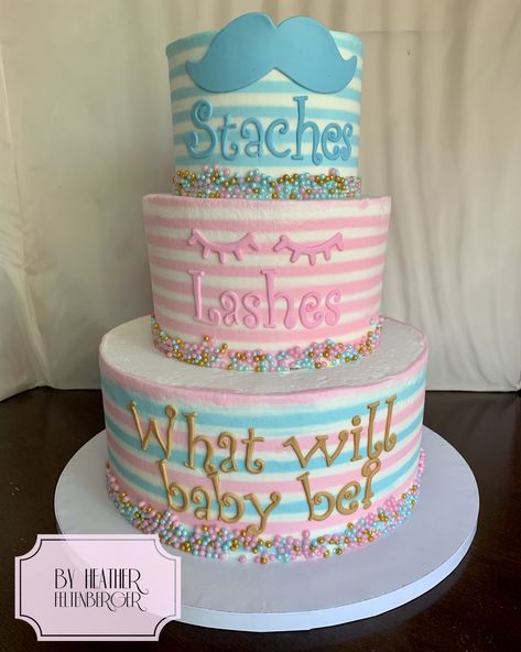 Staches or Lashes 3-tier gender reveal cake Lashes Or Staches Gender Reveal, Staches Or Lashes Gender Reveal, Lashes Or Staches, Staches Or Lashes, Gender Reveal Themes, Gender Reveal Cake, Baby 2, Gender Reveal Ideas, Cupcakes Cake