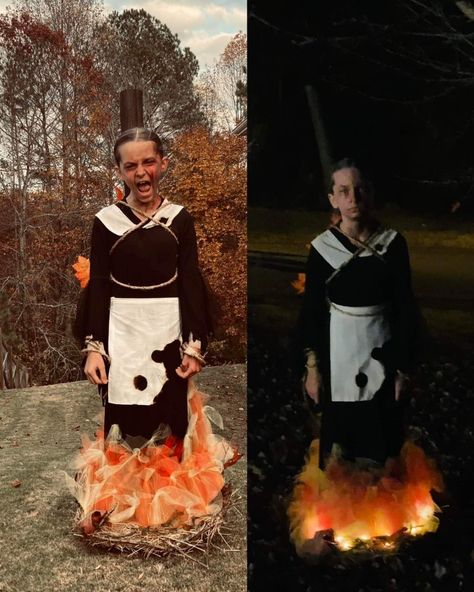 Funny Creepy Halloween Costumes, Sleepy Hallow Halloween Costume, Witch On Fire Costume, Unsettling Halloween Costumes, Bread Winner Costume, Burned Witch Costume, Creepy Halloween Costumes Women Diy, Witch Burning At Stake Costume, Unconventional Halloween Costumes