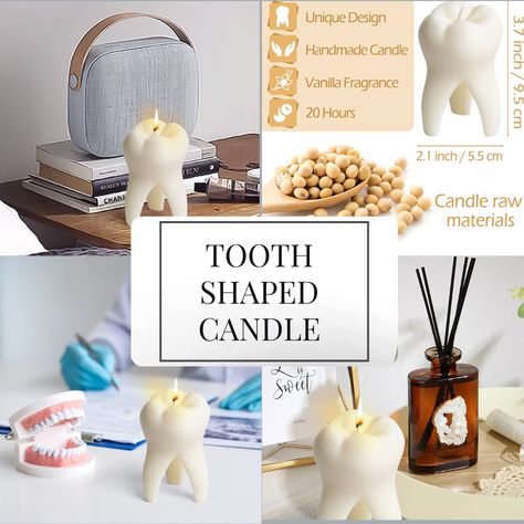 This candle was created based on our teeth as inspiration, which is fashionable, interesting and eye-catching. Place it as an ornament in your clinic or at home will add more freshness and modernity to your home. This is a great gift for dentists, friends, and family. It also expresses your wishes for their dental health from the side. Pleasant Vanilla Scent: The Tooth Candle combines the fresh aroma of vanilla to take you into the wonderful world of aromatherapy. Dental Aesthetic, Shaped Candles, Desk Gifts, Vanilla Scent, Gifts For Dentist, Aesthetic Decor, Vanilla Fragrance, Candle Shapes, Wonderful World