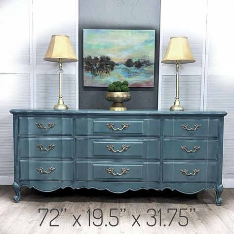 GORGEOUS! ready to ship and place in your beautiful home…find this spectacular French Provincial dresser in our Etsy shop! #vintagedresser #frenchprovincial #etsyshop #etsyseller Vintage French Provincial Dresser, French Country Blue, Grandmillennial Style, Provincial Dresser, French Provincial Dresser, Stormy Seas, Beautiful Dresser, Blue Furniture, Entry Hallway