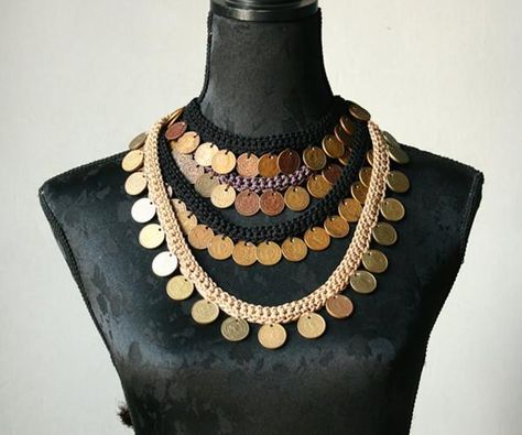 Daniela Bustos Maya. Crocheted jewelry made from antique Mexican coins. Originally from Argentina, settled in Tulum, Mexico Roman Party, Crocheted Jewelry, Copper Rose, Tulum Mexico, Crochet Jewelry, Tulum, Statement Necklace, Jewelry Making, Rose Gold