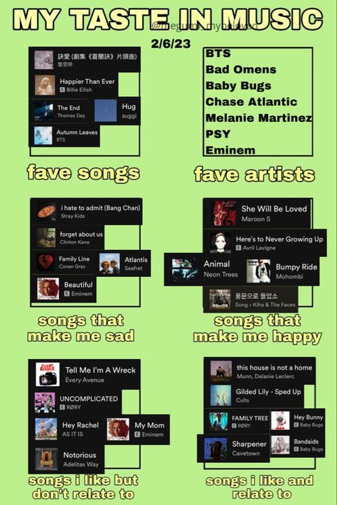 My Taste In Music Template Blank, My Taste In Music, Music Template, Tiktok Music, Baby Bug, About Music, Music Taste, Maroon 5, Never Grow Up