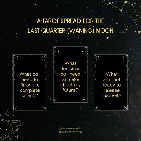 It's the last quarter moon today! 🌗 Here's a 3-card tarot spread I created for the waning moon that you can use - save this to come back to it; comment and like if you're using the spread A message for this moon phase: This is the time to reflect on the progress you have made since the new moon and make any necessary adjustments. It is a time for release, letting go, and embracing change and transformation. #lunarcycle #letgo #queerspirituality #queertarot #queertarotreadersofinstagram #ta... Last Quarter Moon Tarot Spread, Third Quarter Moon, New Moon Tarot Spread, New Moon Tarot, 3 Card Tarot Spread, Last Quarter Moon, Moon Today, Oracle Card Spreads, Tarot Reading Spreads