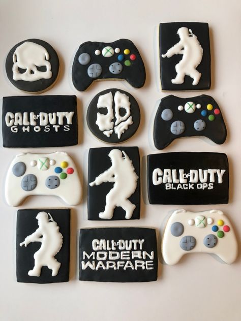 I specialize in deocrated royal icing sugar cookies! This is my call of duty aet! Follow Cheshire Cookie Co on instagram and facebook for more cookie art! Call Of Duty Cookies Decorated, Call Of Duty Cookies, Call Of Duty Birthday Party, Royal Icing Sugar Cookies, Icing Sugar Cookies, Royal Icing Sugar, Display Retail, Cupcake Decor, 14th Birthday