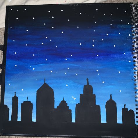 Acrylic Paints Night Sky Easy Painting, Landscape Paintings Easy Simple, Night Skyline Painting, City Painting Easy, City Watercolor Painting Easy, Skyline Painting Easy, Seni Lukis Cat Air, City Night Painting, Painting Ideas City Night