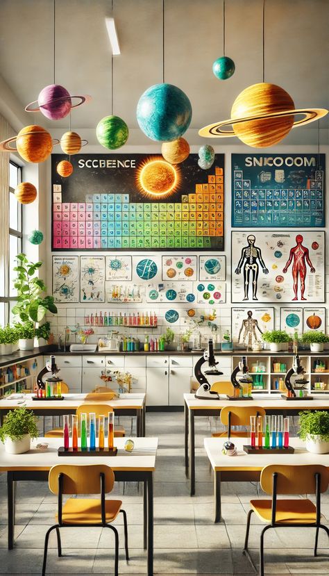 17+ Creative Science Classroom Decorating Ideas That Will Spark Curiosity! 🌌 Chemistry Teacher Classroom, Biology Decorations Ideas, Science Room Ideas, Aesthetic Science Classroom, Middle School Science Classroom Ideas, Physics Classroom Decorations, Science Classroom Aesthetic, Science Room Decor Classroom Ideas, Science Class Aesthetic