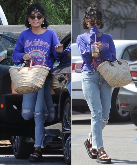 Breakfast Date Outfit Casual Summer, Vanessa Hudgens Bangs, Melissa Shoes Outfit, Cute Short Outfits, Breakfast Date Outfit, Vanessa Hudgens Street Style, Curly Bob With Bangs, Vanessa Hudgens Outfits, Breakfast Date