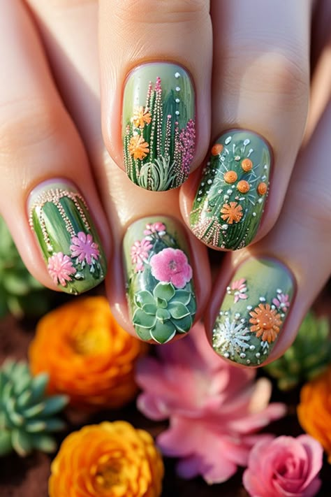 Funny Nail Art Designs, August Themed Nails, Mexican Flower Nails, Nails With Cactus, Nail Art Painting, Painted Nails Ideas Polish, Nails With Cactus Design, Plant Nail Designs, Barro Nails Mexican