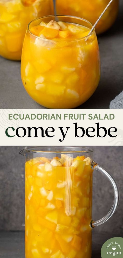 Come y bebe, which translates to “eat and drink”, is an Ecuadorian fruit salad made with fresh diced fruits and orange juice. You can eat it with a spoon or drink it straight from a glass, and it's perfect as a breakfast, snack, and even dessert. #comeybebe #ecuadro #ecuatoriano #ecuadorian #sweetsimplevegan #fruitsalad #raw #rawvegan #healthy Ecuadorian Food, Desserts Around The World, South American Recipes, Latin American Recipes, America Food, Eat And Drink, Fruit Drinks, Vegan Dessert Recipes, Authentic Recipes