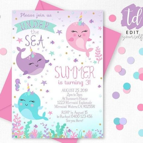 Narwhal Birthday Party Ideas, Narwhal Birthday Party, Narwhal Party, Sea Invitation, Cute Narwhal, Under The Sea Birthday, Kids Themed Birthday Parties, Princess Invitations, 2nd Birthday Party Themes