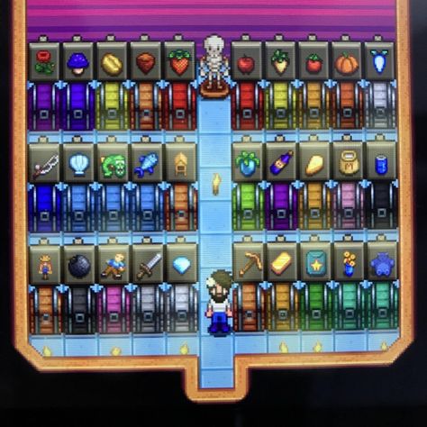 © RabbiBallzack on reddit | chest shed with signs! Stardew Valley Chest Layout, Sdv Storage Shed, Storage Shed Sdv, Stardew Valley Organization, Stardew Valley Chest Shed, Stardew Valley Organization Chest, Chest Organization Stardew Valley, Stardew Chest Organization, Stardew Furnace Shed