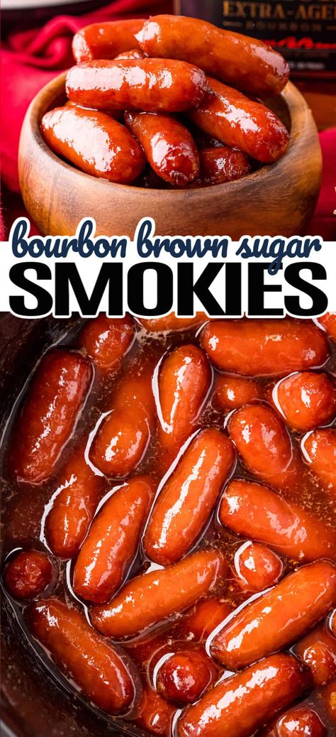 These tasty Bourbon Brown Sugar Smokies are slow cooked in a deliciously sweet and tangy sauce that will have everyone coming back for more. #Realhousemoms #lilsmokies #bourbon #mustard #slowcooker #crockpot #appetizer #gameday #sundayfunday Lil Smokies Recipes Stovetop, Cocktail Smokies Recipes, Cocktail Weenies Crockpot, Little Weenies Recipe, Crockpot Lil Smokies, Brown Sugar Smokies, Lil Smokies Recipes, Cocktail Weenies, Little Smokies Recipes