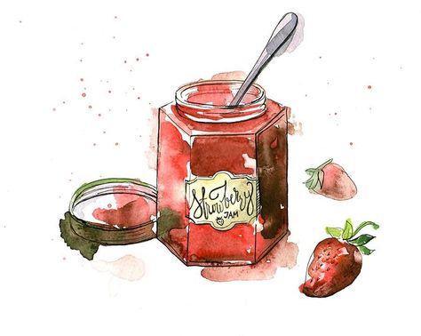 Jam Illustration Jar, Jam Jar Drawing, Crêpe Party, Watercolor Jar, Jam Illustration, Jar Watercolor, Daily Sketching, Dessert Illustration, Recipe Drawing