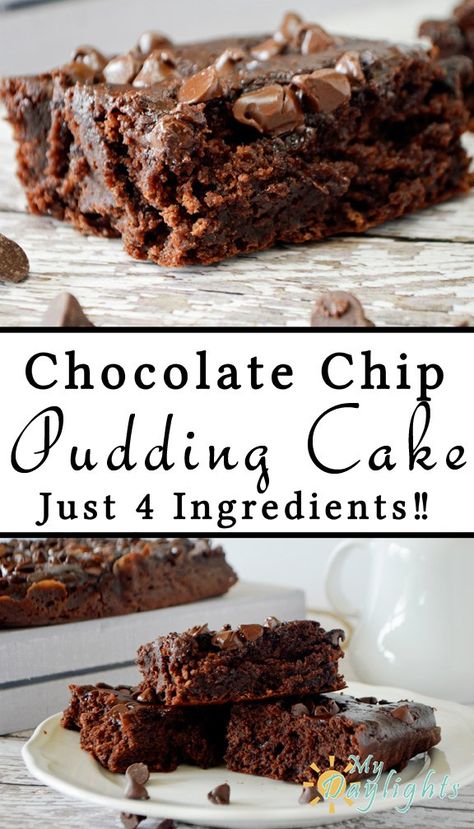 Chocolate Chip Cake that will impress without taking all day to bake and uses just 4 ingredients, including chocolate pudding! Pudding Cake Recipe, Chocolate Chip Pudding, Chocolate Pudding Cake, Chocolate Chip Cake, Chocolate Cake Mixes, Pudding Cake, Brownie Cake, Cake Mix Recipes, Chocolate Pudding