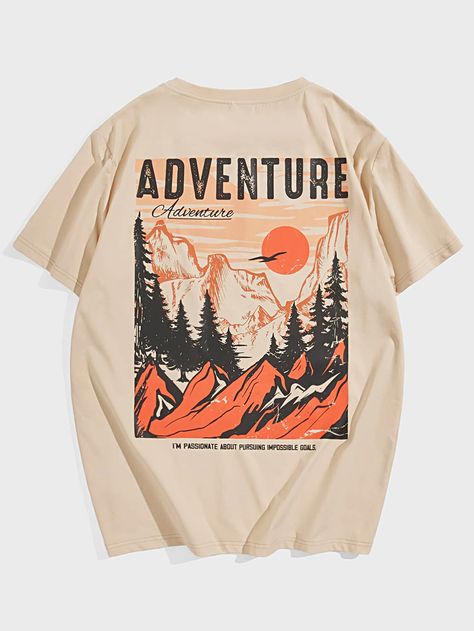 Apricot Casual Collar Short Sleeve Knitted Fabric Graphic,Letter  Embellished Slight Stretch  Men Clothing Camping Graphic Tee, Men’s Graphic Tees, Outdoors Graphics, Mens Graphic T Shirt, Graphic Tees Men, Vintage Tshirt Design, Retro Shirt Design, Epic Clothes, Mountain Graphic Tee