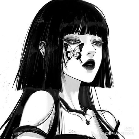 A Drawing, Black Hair, Butterflies, A Woman, Hair, Anime, Black