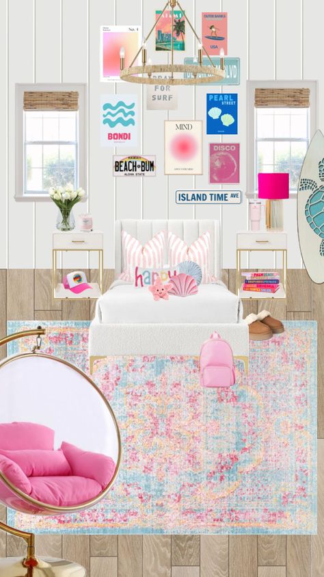 Colorful Beach Room, Pink And Blue Beach Room, Pink Beachy Room, Pink Beach Room, Shuffles Room, Preppy Rooms, Preppy Dorm Room Decor, Coastal Room Decor, Preppy Dorm Room