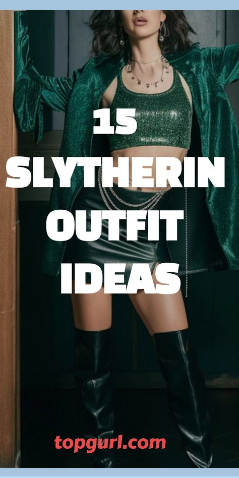 15 Slytherin Outfit Ideas That’ll Have You Serving Serious Wizarding World Vibes Diy Slytherin Costume, Slytherin Costume Women, Slytherin Outfit Casual, Wizarding World Outfit, Cute Slytherin Outfits, Slytherin Halloween Costume, Green Witch Outfit, Slytherin Aesthetic Outfit, Slytherin Outfit Ideas