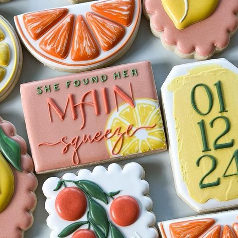 Kaitlin on Instagram: "Main Squeeze 🍊  .  .  .  .  .  .  #baking #cookies #sugarcookies #royalicing #royalicingcookies #edibleart #delish #sweets #livesweetly #gilbertaz #mesaaz #bakinglove #homebaker #goodies #decoratedcookies #sugarart #cookiedecorating #cookiesofinstagram  #smallbusiness #mainsqueeze #mainsqueezecookies #citrus #citruscookies #bridalshower" She Found Her Main Squeeze Cookies, Aperol Spritz Cookies, Citrus Bridal Shower Cookies, Main Squeeze Cookies, Main Squeeze Bridal Shower Theme, Fruit Cookies, Bridal Shower Cookies, Spritz Cookies, Main Squeeze