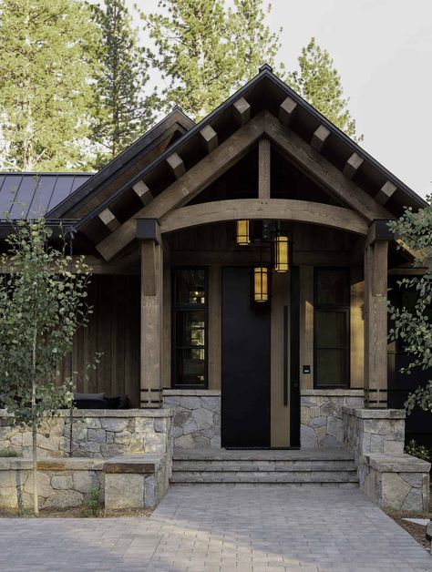 A spectacular Martis Camp retreat mixes Scandinavian and rustic details Mountain Retreat Exterior, Rustic Mountain Home Exterior, Mountain Home Entry Door, Camp Exterior, Cowboy Cabin, Mountain Home Exterior Big Windows, Fire Pit Stand, Mountainside Retreat, Lakeside House