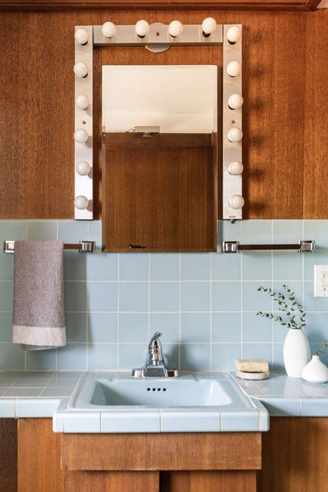 70s Style Home, 70s Bathroom, 1950s Bathroom, Light Blue Bathroom, Hollywood Vanity, Mid Century Bathroom, Front Courtyard, Cove Lighting, Garage Interior