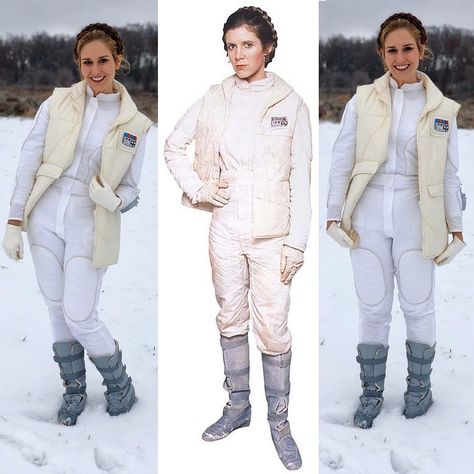 Hayley △⃒⃘ on Instagram: “Side by side of my Hoth Leia cosplay! @michaelrburson made this jumpsuit about 3 years ago and the vest 2 years ago. It’s my favorite lewk…” Star Wars Jumpsuit, Hoth Leia, Leia Hoth, Princess Leia Cosplay, Leia Cosplay, Princess Leia Costume, Leia Costume, Han And Leia, Star Wars Princess Leia