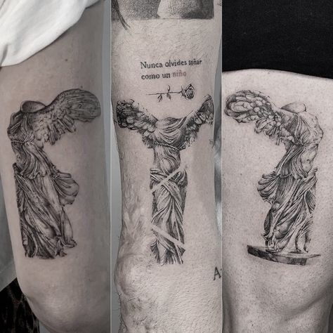 Antigone Tattoo, Sculpture Tattoos, Victory Tattoo, Nike Tattoo, Aa Tattoos, Micro Realism, Greek God Tattoo, Sisters Tattoo, Thigh Tat