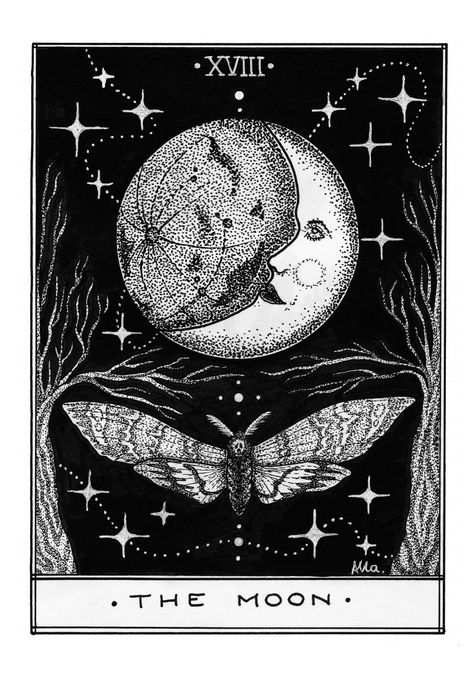 Ink illustration of tarot card The Moon XVIII Tarot Card Illustration, Six Of Wands, Tarot Cards Art Illustration, Sun And Moon Tarot, Iphone Wallpaper Texture, Moon Tarot Card, Tarot Card Tattoo, The Moon Tarot Card, Grunge Posters