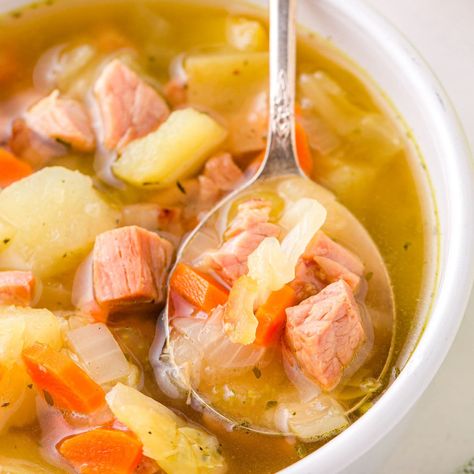 Ham and Cabbage Soup (Instant Pot) - Mom On Timeout Instant Pot Ham And Cabbage, Ham Cabbage Soup, Ham Cabbage, Ham Potatoes, Ham And Cabbage Soup, Instant Pot Ham, Ham And Cabbage, Homemade Soups, Mom On Timeout