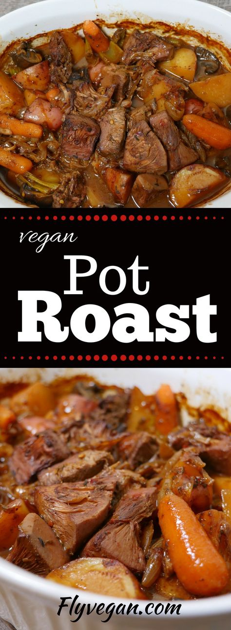 Jackfruit pot roast recipe, vegetarian, vegan, roasted vegetables, holiday recipe ideas. Easy To Digest Vegan Meals, Vegetarian Southern Food, Jackfruit Pot Roast, Vegan Pot Roast, Vegan Soulfood, Vegan Soul Food, Jackfruit Recipes, Pot Roast Recipe, Vegan Meat