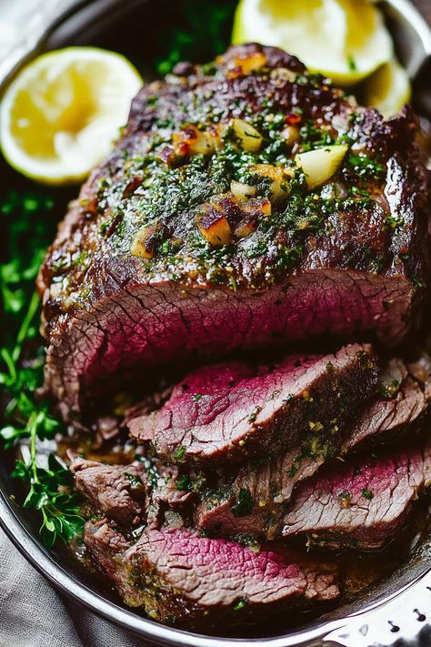 Garlic Butter Herb Roast Beef Roast Beef Christmas Dinner, Paleo Meal Ideas, Roast Beef Seasoning, Christmas Roast Beef, Butter Herb, Christmas Roast, Sirloin Roast, Beef Marinade, Red Meat Recipes