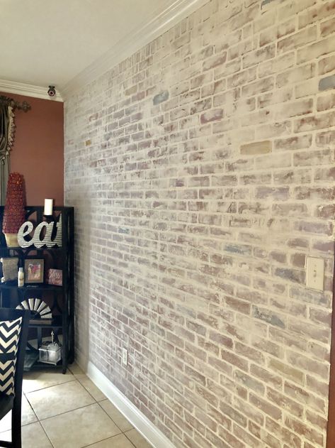 Brick Faux Wall, White Wash Brick Paneling, Whitewashed Faux Brick Wall, White Wash Brick Interior Wall, German Shmear Wall, White Wash Brick Accent Wall, White Brick Wallpaper Kitchen, Brick Smear, White Wash Brick Wall