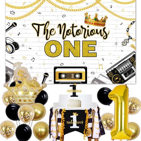 PRICES MAY VARY. Notorious Big One Birthday Decorations: You will get from this package include 1 notorious o.n.e. highchair banner, 1 the notorious one backdrop 4.9*3.3ft, 15 latex balloons 12 inches, 1 crown foil balloon 30*25 inches, 1 gold number 1 foil balloon 32 inches, 1 notorious one cake topper. Hip Hop First Birthday Decorations: We designed a cute black and gold baby birthday decorations for one year old kids, notorious one backdrop, notorious o.n.e. highchair banner and number 1 foil Notorious Big One Birthday, Notorious One, First Birthday Centerpieces, Cake Topper Number, First Birthday Party Decor, Baby Boy Decorations, Baby Birthday Decorations, Simple Birthday Decorations, Boy Birthday Party Themes