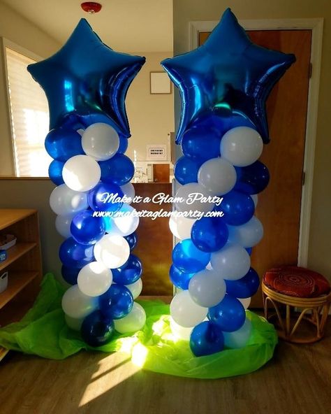 Royal blue and white star topped balloon columns Blue And White Balloon Columns, Party Boutique, Balloon Tower, Prom Themes, Prom Decor, Young Women Activities, Board Game Geek, Graduation Theme, Glam Party