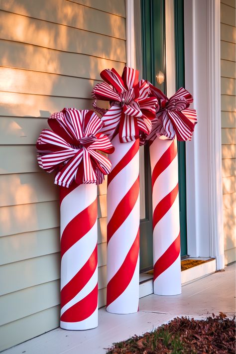 What if you could turn an old pipe into a candy cane? I’ve tried wrapping red and white paper around one, and it’s such a fun and creative decoration. Add a matching ribbon for extra charm, and it’s perfect for your yard. This DIY idea is simple and full of holiday spirit. Ready to create your own candy cane magic? Wooden Candy Canes Yard Art, Candy Cane Outdoor Decorations, Front Yard Christmas Decorations Ideas, Yard Decor Ideas, Candy Cane Christmas Decorations, Christmas Yard Decor, Creative Decoration, Christmas Yard Decorations, Candy Cane Christmas